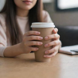 Generate a casual, non-professional image focusing on a girl's hand with long nails holding a cup of Nescafe indoors. The shot should show no face, with the hand subtly in the frame, and focus on the warm ambience of the room.