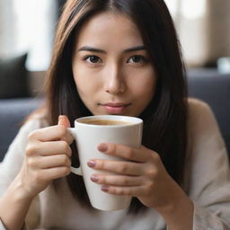 Generate a casual, non-professional image focusing on a girl's hand with long nails holding a cup of Nescafe indoors. The shot should show no face, with the hand subtly in the frame, and focus on the warm ambience of the room.