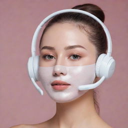 An innovative headset combined with a facial mask designed for applying makeup, enhanced with smart technology features.