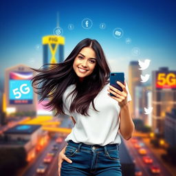 A beautiful young woman representing a modern telecom brand, standing confidently with a smartphone in her hand