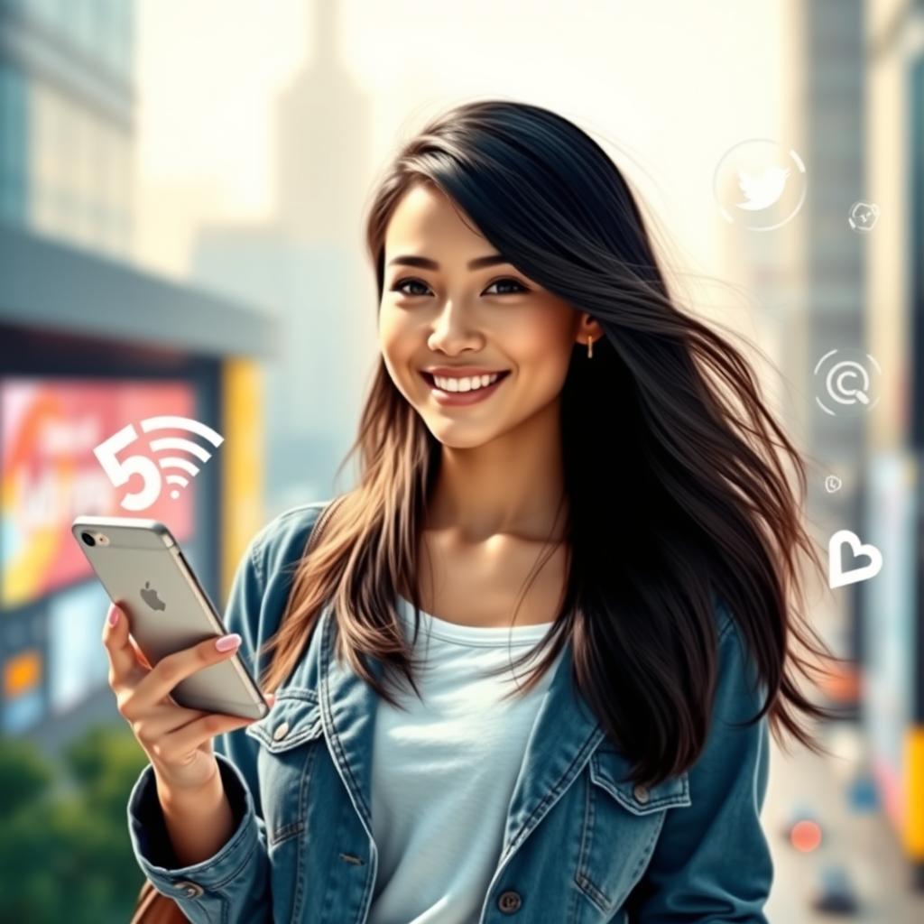 A beautiful young woman representing a modern telecom brand, standing confidently with a smartphone in her hand