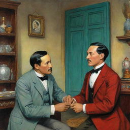 A colorful image of Simoun, the wealthy jeweler, and Basilio, the striving doctor, from the novel El Filibusterismo by Jose Rizal. They are engaged in a passionate discussion in a vividly depicted setting of 19th century Philippines.