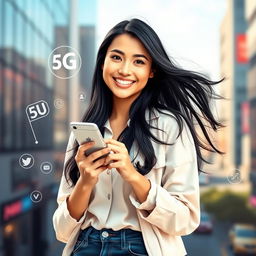 A beautiful young woman representing a modern telecom brand, standing confidently with a smartphone in her hand