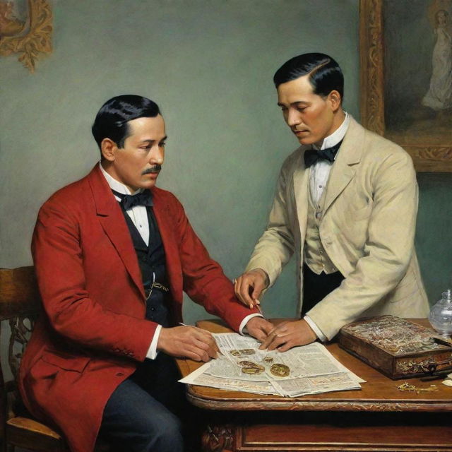 A colorful image of Simoun, the wealthy jeweler, and Basilio, the striving doctor, from the novel El Filibusterismo by Jose Rizal. They are engaged in a passionate discussion in a vividly depicted setting of 19th century Philippines.