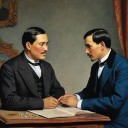 A colorful image of Simoun, the wealthy jeweler, and Basilio, the striving doctor, from the novel El Filibusterismo by Jose Rizal. They are engaged in a passionate discussion in a vividly depicted setting of 19th century Philippines.