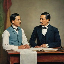 A colorful image of Simoun, the wealthy jeweler, and Basilio, the striving doctor, from the novel El Filibusterismo by Jose Rizal. They are engaged in a passionate discussion in a vividly depicted setting of 19th century Philippines.