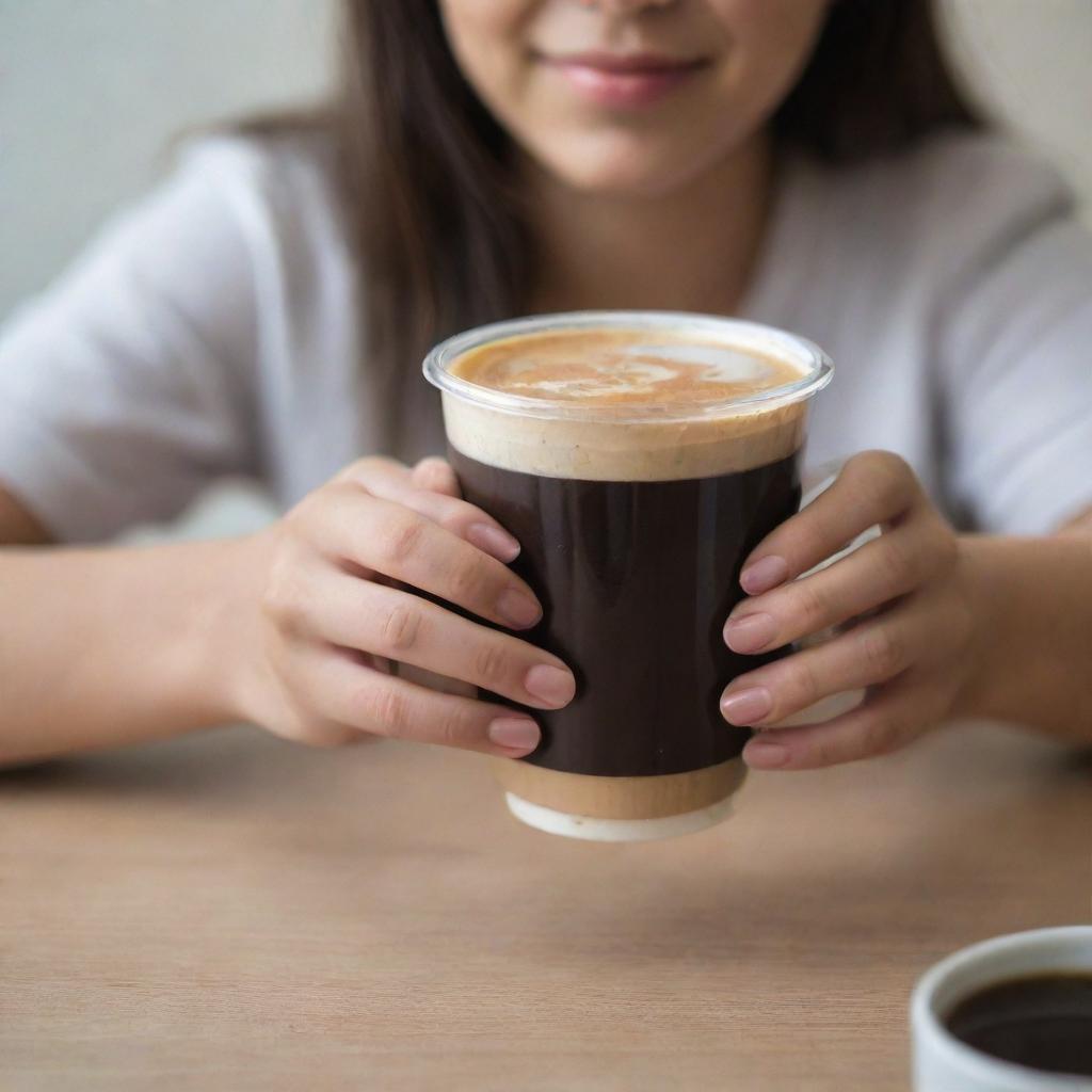 Create a casual, non-professional image of a girl's hand with long nails discretely holding a cup of Nescafe indoors. Display less of the hand, no face, and center the focus on capturing the warm, homely environment.