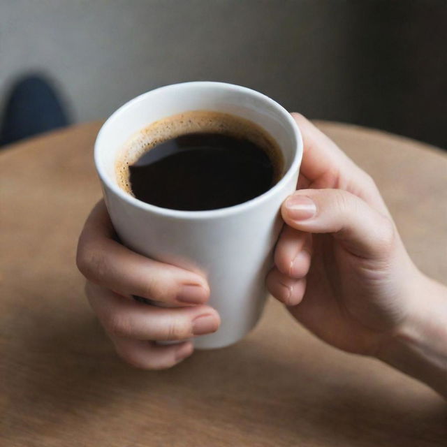 Create a casual, non-professional image of a girl's hand with long nails discretely holding a cup of Nescafe indoors. Display less of the hand, no face, and center the focus on capturing the warm, homely environment.