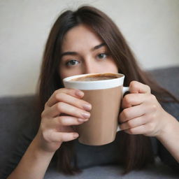 Create a casual, non-professional image of a girl's hand with long nails discretely holding a cup of Nescafe indoors. Display less of the hand, no face, and center the focus on capturing the warm, homely environment.