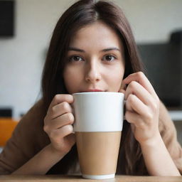 Create a casual, non-professional image of a girl's hand with long nails discretely holding a cup of Nescafe indoors. Display less of the hand, no face, and center the focus on capturing the warm, homely environment.