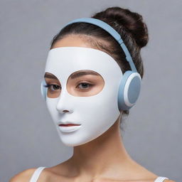 A modern headset combined with a face mask for makeup application, displayed without a face, showcasing its design details and technological features.