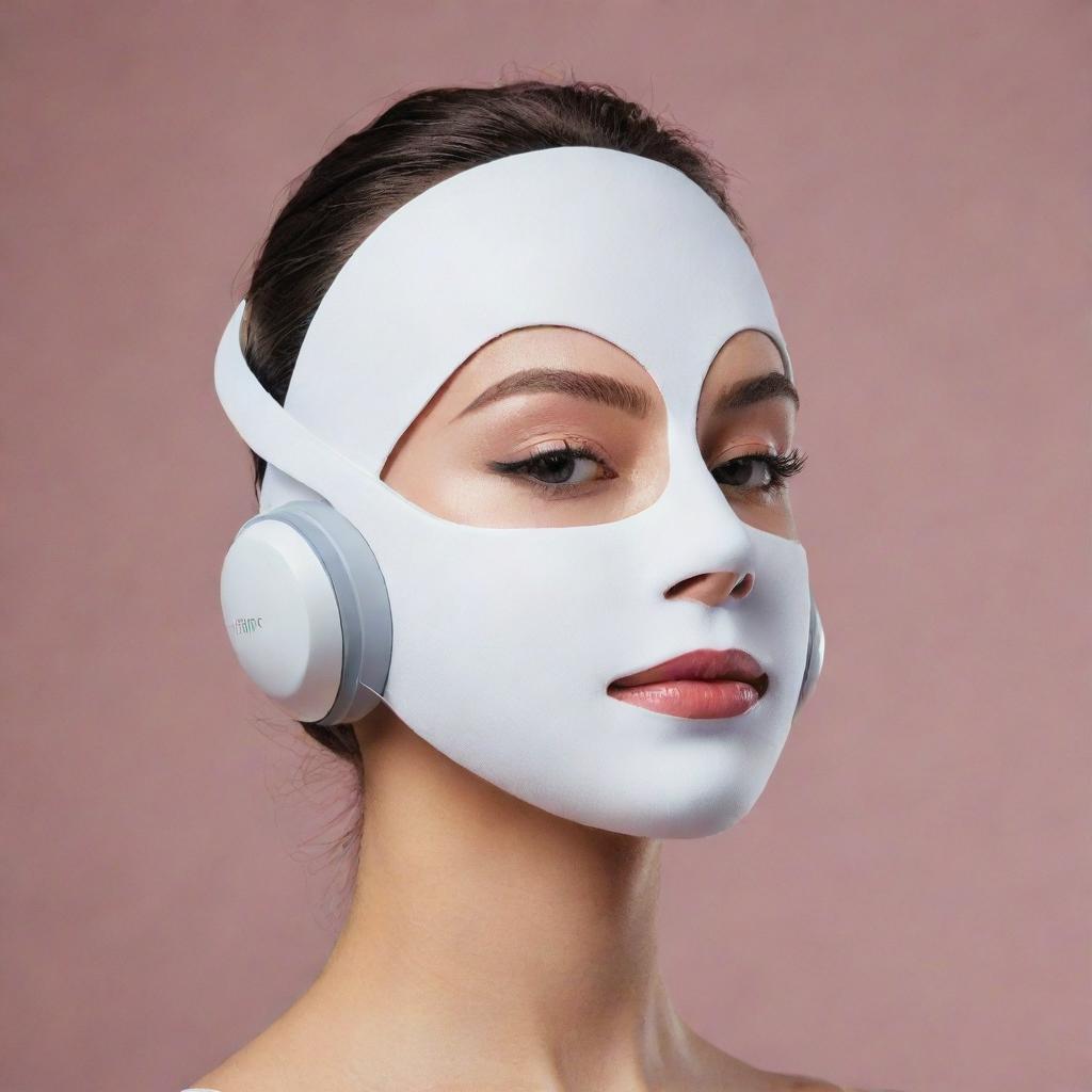 A modern headset combined with a face mask for makeup application, displayed without a face, showcasing its design details and technological features.