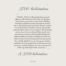 The piece titled 'A 3700 kilómetros' encapsulates the essence of a long-distance relationship between Wichita, USA and Barranquilla, Colombia