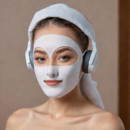 A modern headset combined with a face mask for makeup application, displayed without a face, showcasing its design details and technological features.