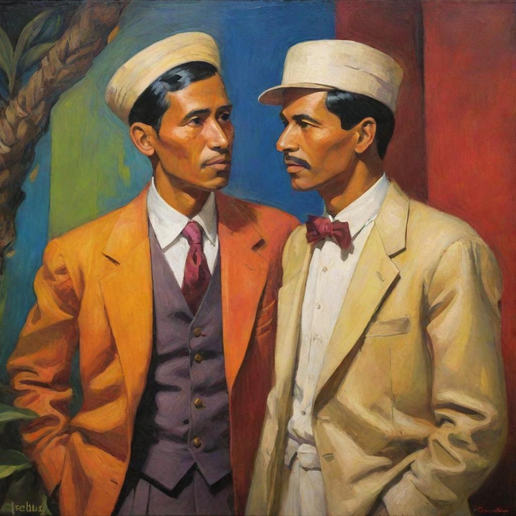 A vibrantly colored depiction of Simoun and Basilio from El Filibusterismo. Painted in the distinct art style of the 1920s, they conversate in the historically rich setting of 19th-century Philippines.