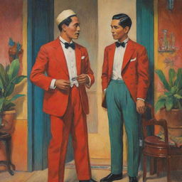 A vibrantly colored depiction of Simoun and Basilio from El Filibusterismo. Painted in the distinct art style of the 1920s, they conversate in the historically rich setting of 19th-century Philippines.