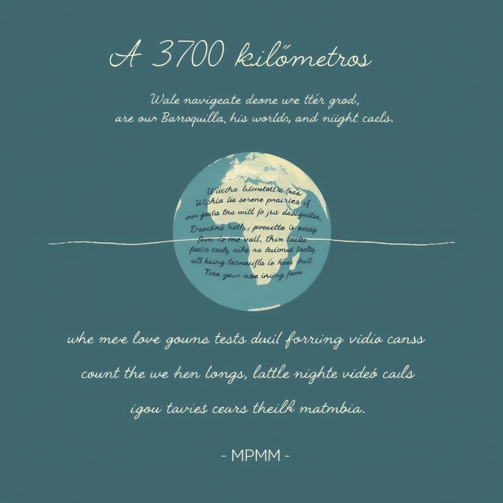 The piece titled 'A 3700 kilómetros' captures the poignant essence of a long-distance relationship between Wichita, USA and Barranquilla, Colombia