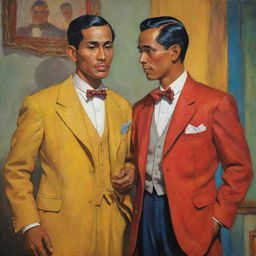 A vibrantly colored depiction of Simoun and Basilio from El Filibusterismo. Painted in the distinct art style of the 1920s, they conversate in the historically rich setting of 19th-century Philippines.