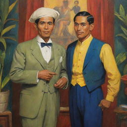 A vibrantly colored depiction of Simoun and Basilio from El Filibusterismo. Painted in the distinct art style of the 1920s, they conversate in the historically rich setting of 19th-century Philippines.