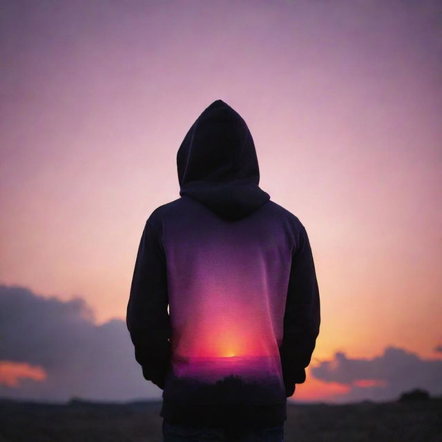 A mysterious man in a stylish hoodie standing silhouetted against a captivating sunset, radiating hues of oranges, purples, and pinks.