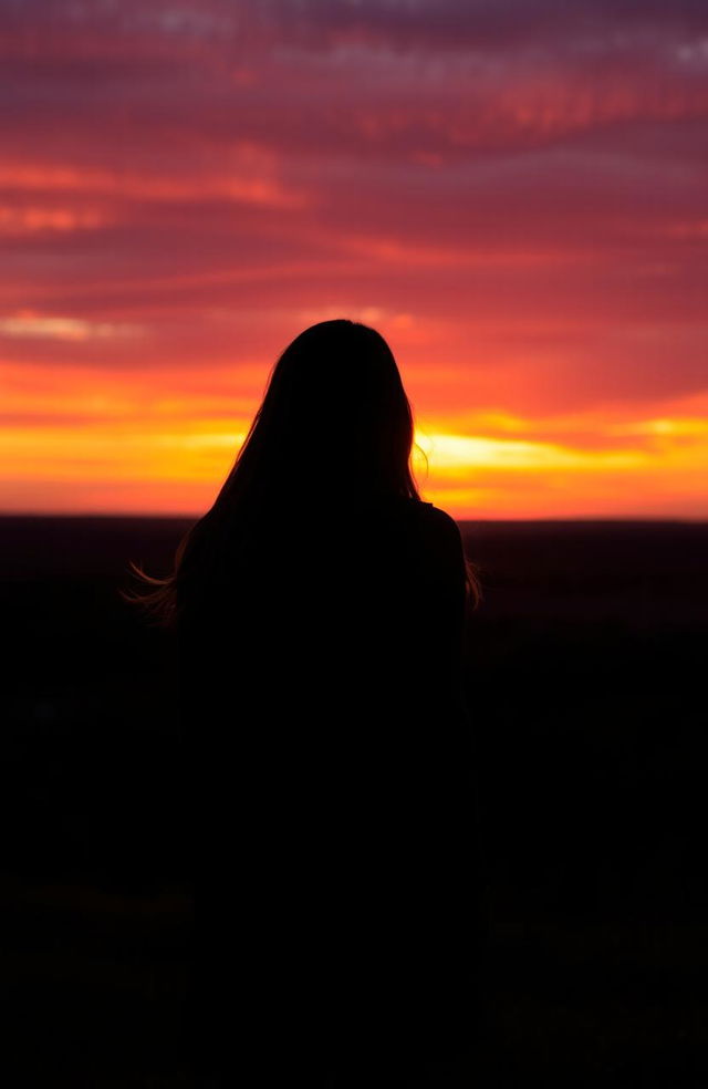 A contemplative woman standing with her back to the viewer, gazing at a breathtaking sunset