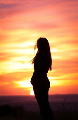 A contemplative woman standing with her back to the viewer, gazing at a breathtaking sunset