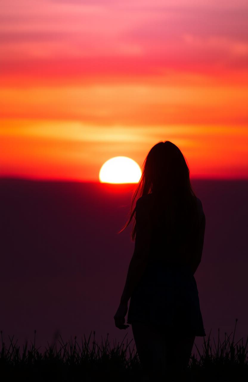 A contemplative woman standing with her back to the viewer, gazing at a breathtaking sunset