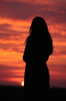 A contemplative woman standing with her back to the viewer, gazing at a breathtaking sunset