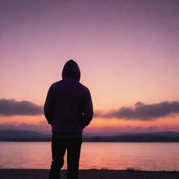 A mysterious man in a stylish hoodie standing silhouetted against a captivating sunset, radiating hues of oranges, purples, and pinks.