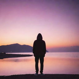 A mysterious man in a stylish hoodie standing silhouetted against a captivating sunset, radiating hues of oranges, purples, and pinks.