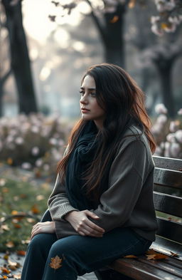 A woman sitting alone on a park bench, tears rolling down her cheeks as she gazes into the distance