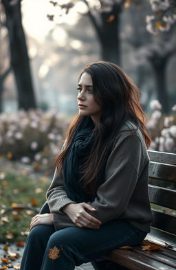 A woman sitting alone on a park bench, tears rolling down her cheeks as she gazes into the distance