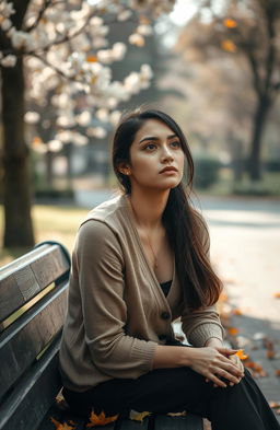 A woman sitting alone on a park bench, tears rolling down her cheeks as she gazes into the distance