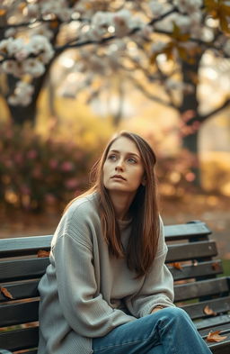 A woman sitting alone on a park bench, tears rolling down her cheeks as she gazes into the distance