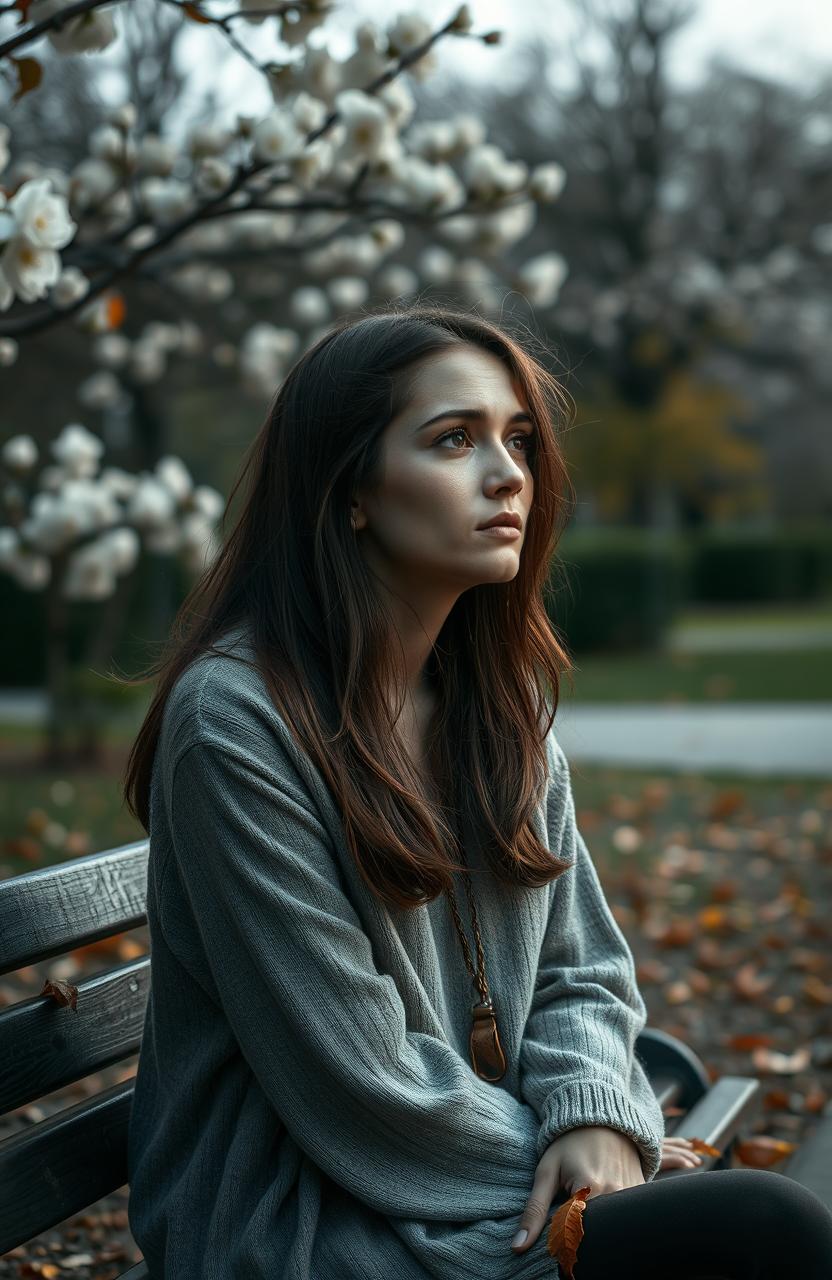 A woman sitting alone on a park bench, tears rolling down her cheeks as she gazes into the distance