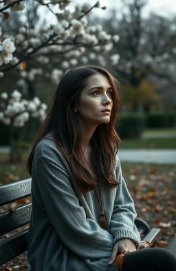 A woman sitting alone on a park bench, tears rolling down her cheeks as she gazes into the distance