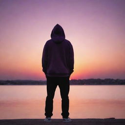 A mysterious man in a stylish hoodie standing silhouetted against a captivating sunset, radiating hues of oranges, purples, and pinks.