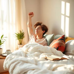 A cozy scene of a bright, sunlit bedroom where someone is waking up