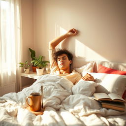 A cozy scene of a bright, sunlit bedroom where someone is waking up