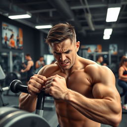 A man in a modern gym setting, showing signs of discomfort or pain