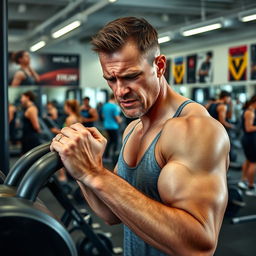 A man in a modern gym setting, showing signs of discomfort or pain