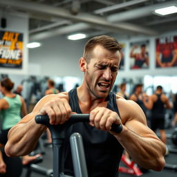 A man in a modern gym setting, showing signs of discomfort or pain