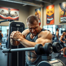 A man in a modern gym setting, showing signs of discomfort or pain