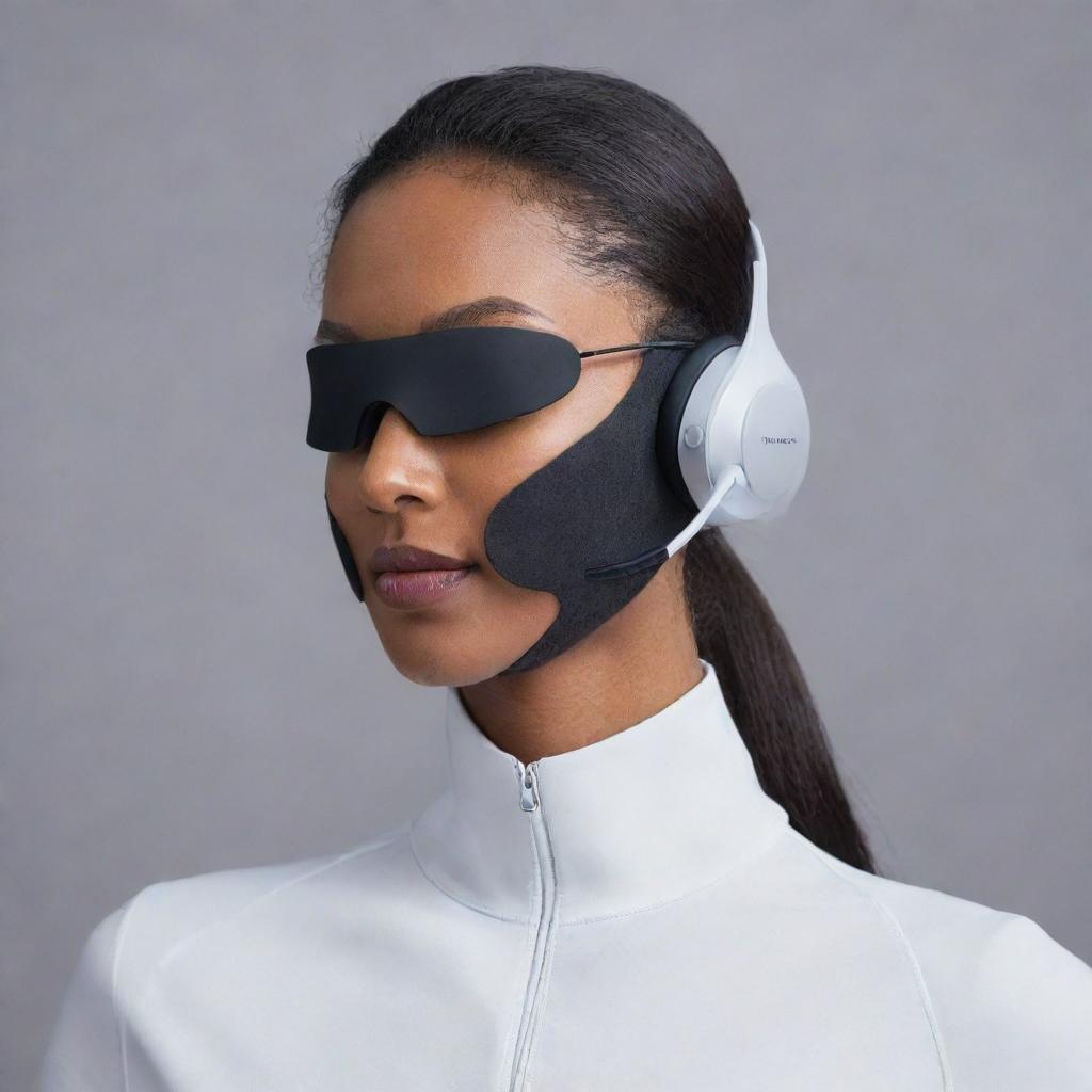 A sleek and stylish headset seamlessly integrated with a mask, exhibiting futuristic design and high-end technology.