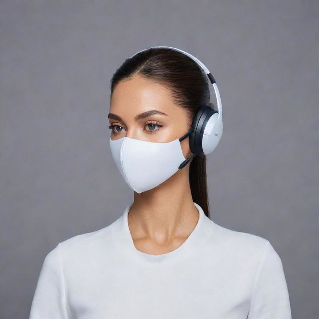 A sleek and stylish headset seamlessly integrated with a mask, exhibiting futuristic design and high-end technology.