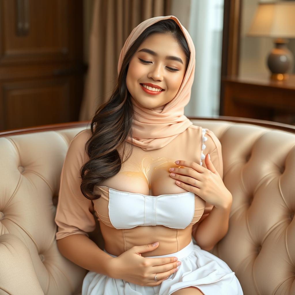 A beautiful 19-year-old Chinese girl with a model-like physique, wearing a peach hijab, sitting comfortably on a luxurious sofa