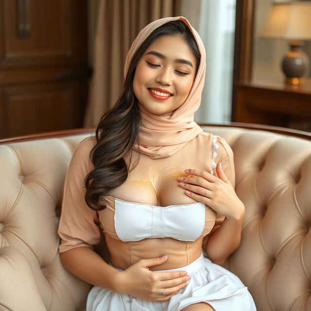 A beautiful 19-year-old Chinese girl with a model-like physique, wearing a peach hijab, sitting comfortably on a luxurious sofa