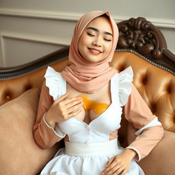 A beautiful 19-year-old Chinese girl with a model-like physique, wearing a peach hijab, sitting comfortably on a luxurious sofa