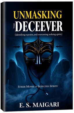 A dramatic and thought-provoking book cover design for 'UNMASKING THE DECEIVER (identifying, exposing and overcoming seducing spirits)' by E S Maigari