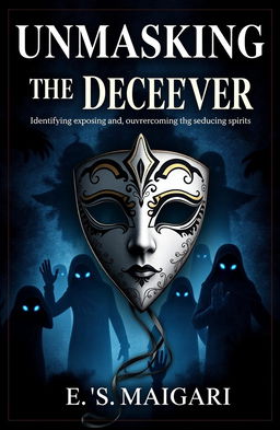 A dramatic and thought-provoking book cover design for 'UNMASKING THE DECEIVER (identifying, exposing and overcoming seducing spirits)' by E S Maigari